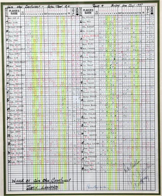 A Royal Troon Golf Club 126th Open Championship scorecard, signed by Justin Leonard and officials, 20.5 x 175in., framed